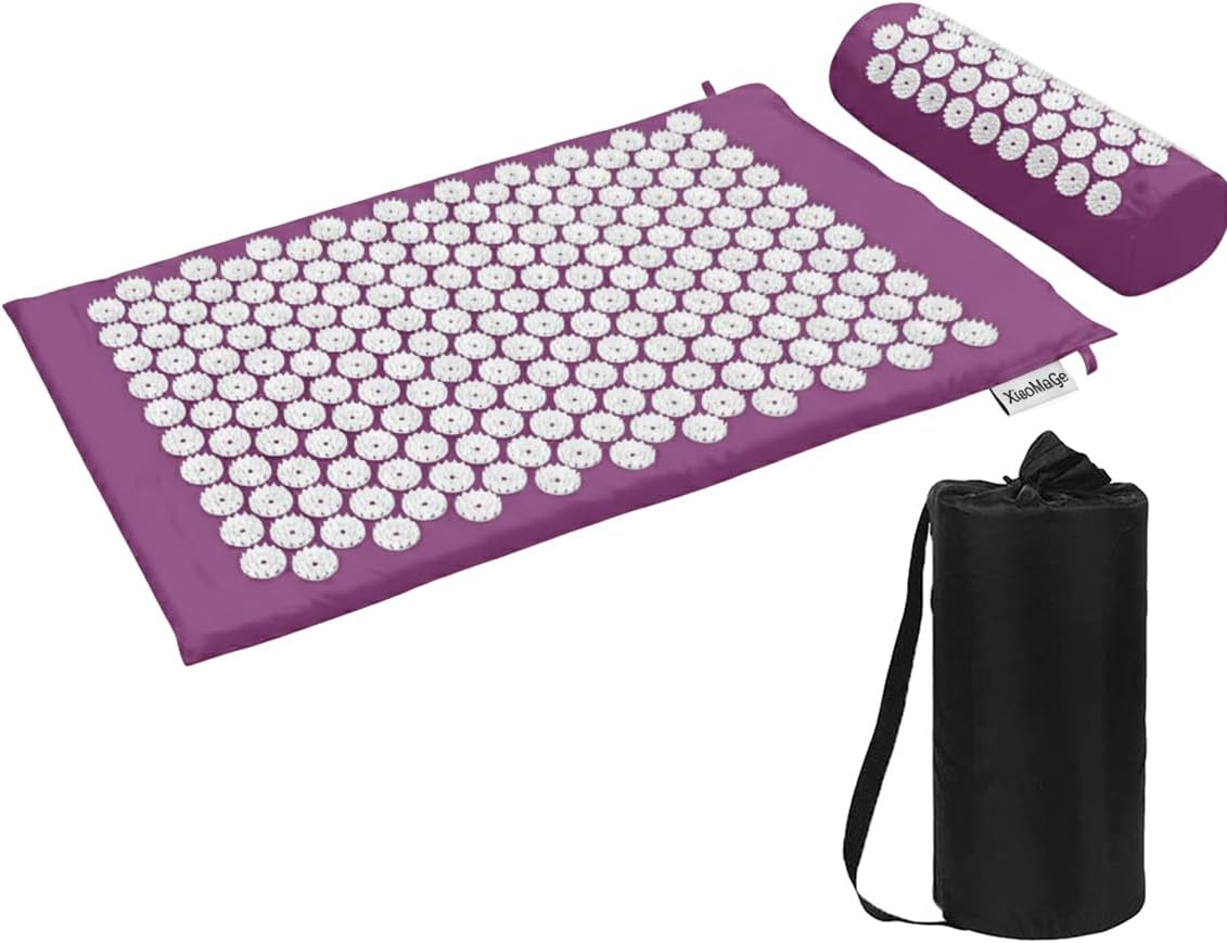 XiaoMaGe Acupressure Mat and Pillow Set with Bag - Extra Long Acupuncture Mat for Neck & Back Pain Relief- Naturally Relaxation Gift for Women - Stress Relief Massage Mat (Black)