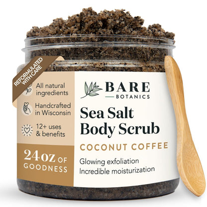Bare Botanics Coconut Vanilla Body Scrub 24oz | Made in Madison, WI | All Natural Sea Salt Exfoliator w/ Skin Loving Moisturizers | Vegan & Cruelty Free | Gift Ready Packaging w/ a Cute Wooden Spoon