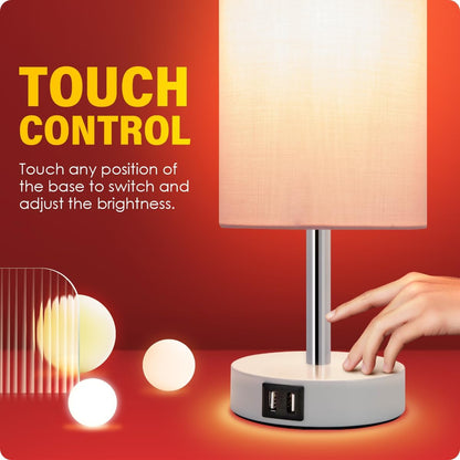 Yarra-Decor Bedside Table Lamp with USB Ports - Touch Control for Bedroom 3 Way Dimmable Nightstand Lamp with Round Fabric Shade for Living Room, Dorm, Home Office, Corded Electric, Without Battery