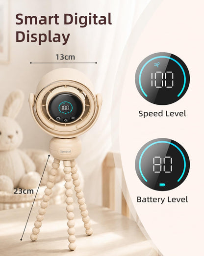 Spopal Portable Baby Stroller Fan, 120° Auto Swing, LED Display- Beige