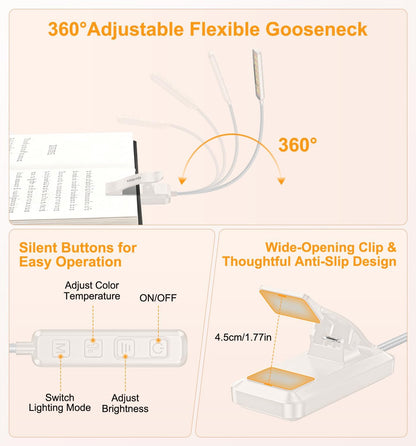 Gritin 2026 Gen 2 Book Light for Reading- 30 Eye Caring Full Spectrum LED, 5 Colors & 5 Brightness, Adjustable Wide/Narrow Beam, Upgrade 1500mAh Long-Lasting Rechargeable Clip on Light for Book Lovers