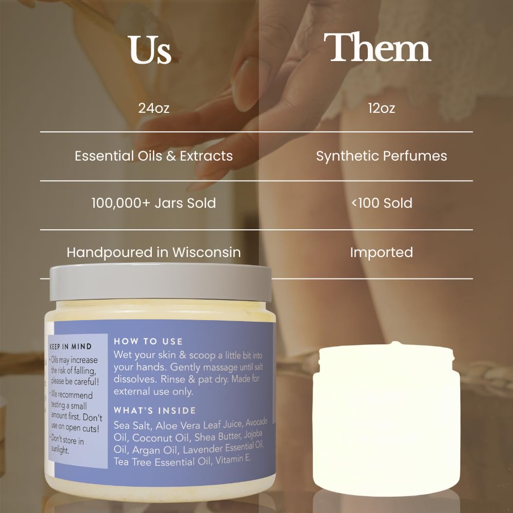 Bare Botanics Coconut Vanilla Body Scrub 24oz | Made in Madison, WI | All Natural Sea Salt Exfoliator w/ Skin Loving Moisturizers | Vegan & Cruelty Free | Gift Ready Packaging w/ a Cute Wooden Spoon