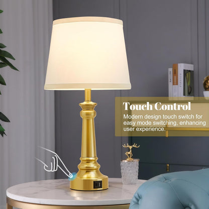 EJIAXIN Lamps for Bedrooms Set of 2, Brushed Nickel Bedside Lamps with USB C+A Ports,Dimmable Nightstand Lamps with Fabric Lampshade, Touch Table Lamp for Living Room Bedroom Office, Bulbs Included