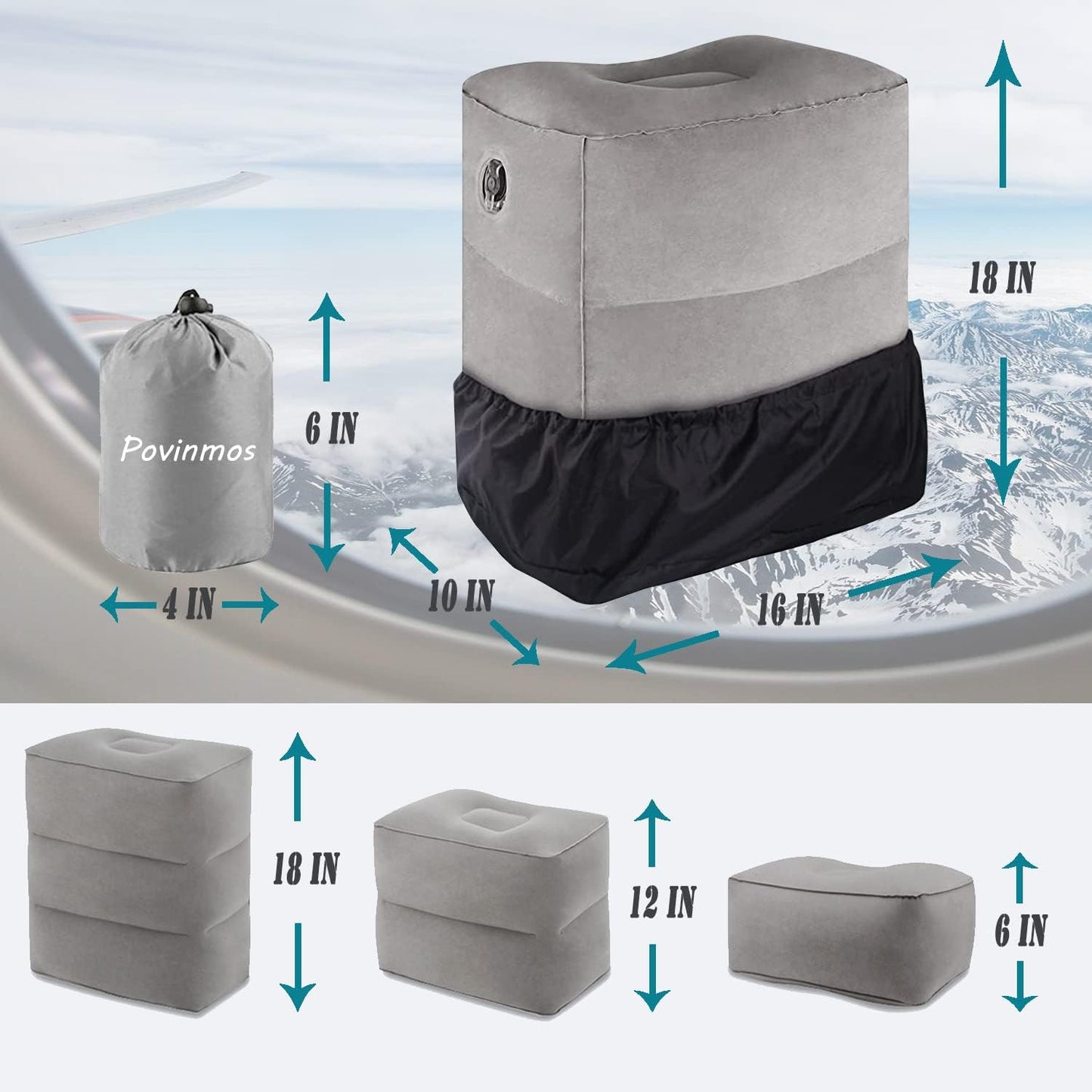 Inflatable Foot Rest Pillow for Travel, Adjustable Height Airplane Foot Cushion for Long Flights, Portable Comfort Footrest for Car, Office and Travel (Gray) (Black)