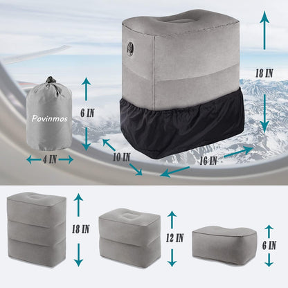 Inflatable Foot Rest Pillow for Travel, Adjustable Height Airplane Foot Cushion for Long Flights, Portable Comfort Footrest for Car, Office and Travel (Gray) (Black)