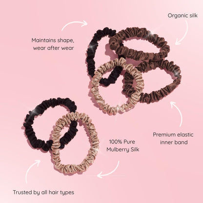 SILKIE x4 Set - Forget Satin - 100% Pure Mulberry Silk Black Brown Skinny Scrunchies Travel Pouch Everyday Hair Ties Elastics Hair Care Ponytail Holder No Damage (Chocolate)