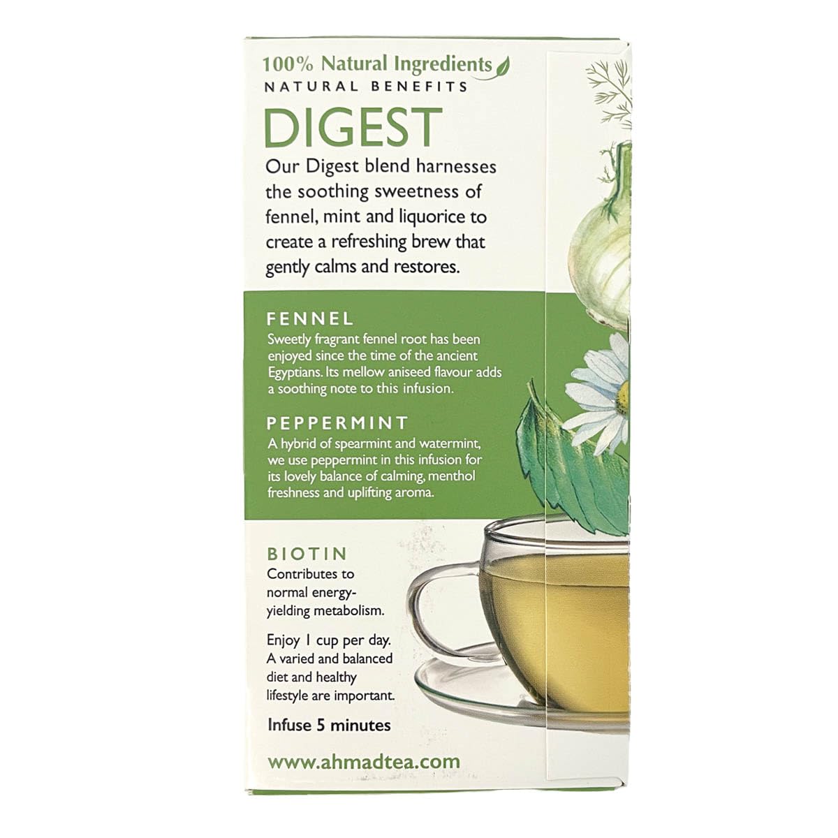 Ahmad Tea Herbal Tea, Sweet Mint, Fennel & Biotin 'Digest' Natural Benefits Teabags, 20 ct (Pack of 6) - Decaffeinated & Sugar-Free