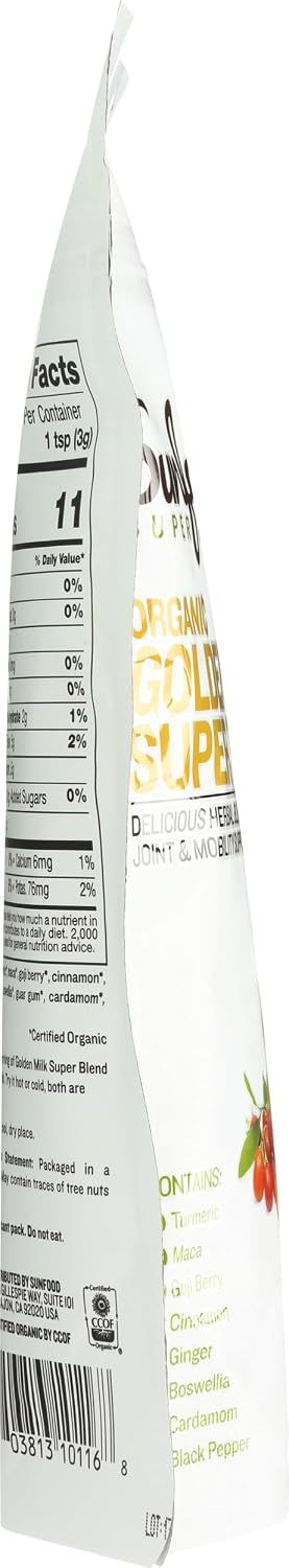 Sunfood Superfoods Organic Golden Milk Super Blend - Turmeric Latte Powder Mix with Ginger, Black Pepper, Cinnamon & Cardamom Spices, Vegan, USDA Organic, Gluten Free - 6 oz