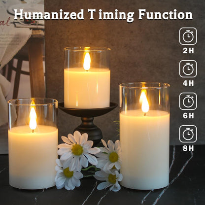 LEDHOLYT Rechargeable Flameless Glass Pillar Candles–Gifts for Women,–Set of 3, Realistic Flickering LED Flame,Remote & Timer, Ideal for Living Room, Bedroom & Halloween Festival Home Party Decor