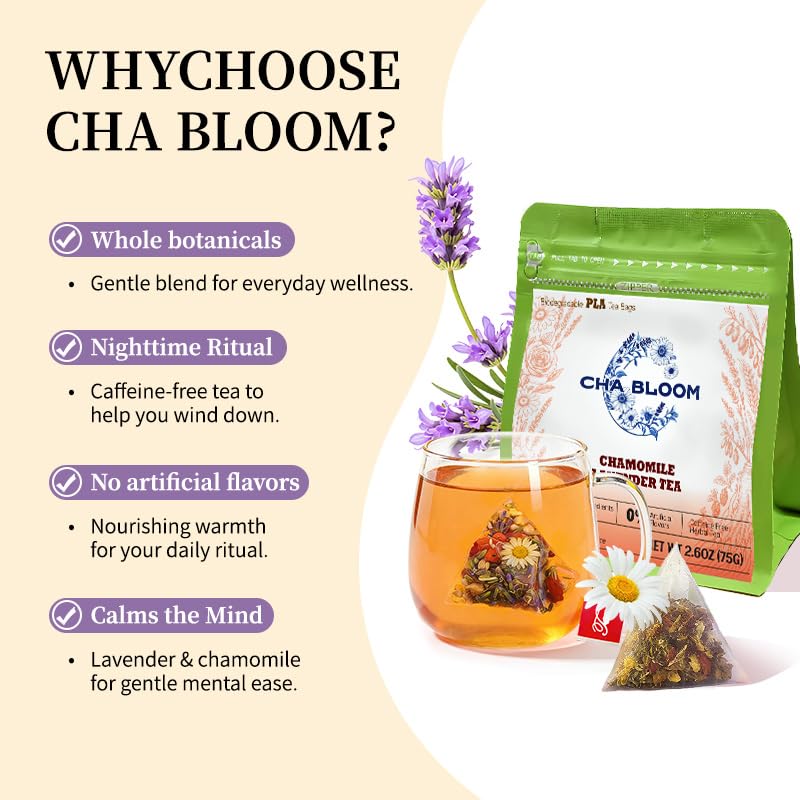 CHA BLOOM Chamomile Lavender Herbal Tea Bags, Caffeine-Free Blend, 15 Sachets, 75g Resealable Bag