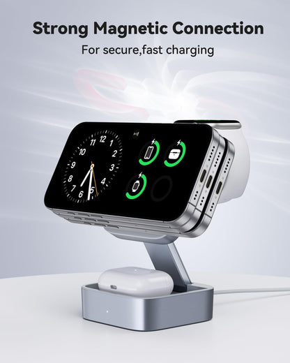 3 in 1 Wireless Charging Station for Apple Devices, Magnetic Foldable Travel Fast Charger Stand Compatible with MagSafe for iPhone 18/Air/17/16/15/14/13/12 Series, Apple Watch & AirPods Pro/4/3/2
