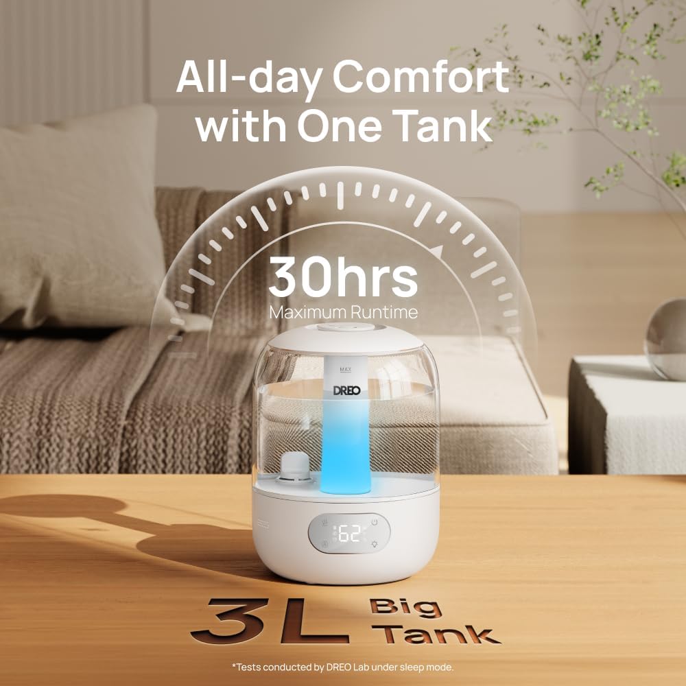 DREO Humidifiers for Bedroom, 3L Top Fill 30H & 26dB Quiet Runtime for Large Room, Cool Mist Ultrasonic Humidifier with Humidity Sensor, Night Light for Home, Baby, Nursery, Plants, 360° Nozzle, Black