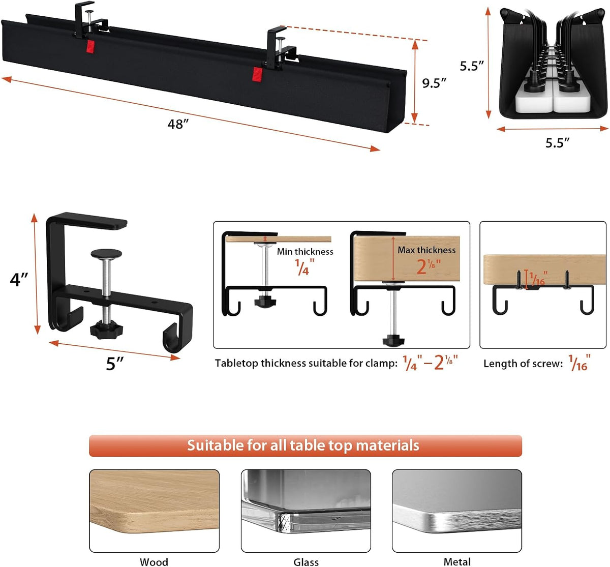 Univivi No Drill Under Desk Cable Management Tray, 36 inch Cable Management