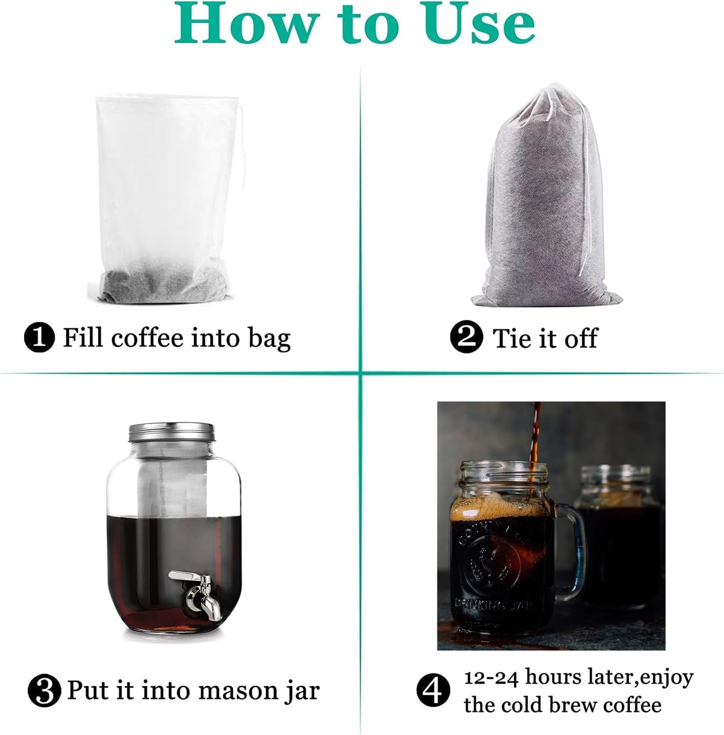 Yzurbu 200pcs 4''x6'' Cold Brew Coffee Filter Bags, No Mess Disposable Filter Bag with Drawstring for Coffee Grounds & Ice Tea