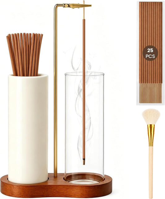 2 in 1 Incense Holder with Glass Ash Catcher, Ceramic Storage Jar, 25 Incense Sticks & Ash Brush, Ideal for Meditation, Yoga, Spa & Home Decor