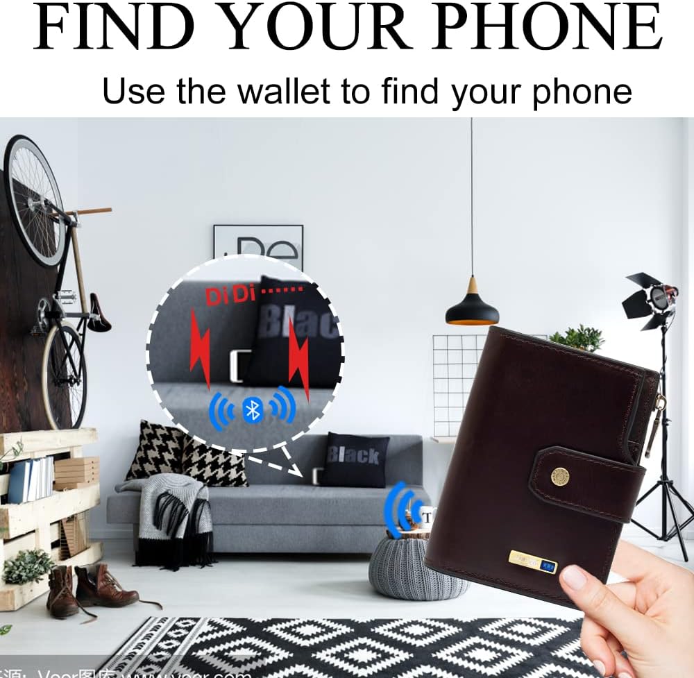 Anti-Lost Bluetooth Wallet Tracker Finder, Slim Trifold Cowhide Mens Wallet with ID Window Credit Card Holder Pocket (Coffee2-OLD)