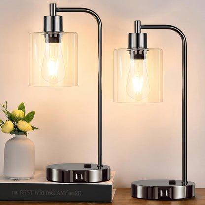 Set of 2 Industrial Touch Control Table Lamps with USB C+A Ports and AC Outlet - 3-Way Dimmable Black Bedside Lamps Nightstand Desk Lamps for Bedroom Living Room, Glass Shade & 2 LED Bulbs Included
