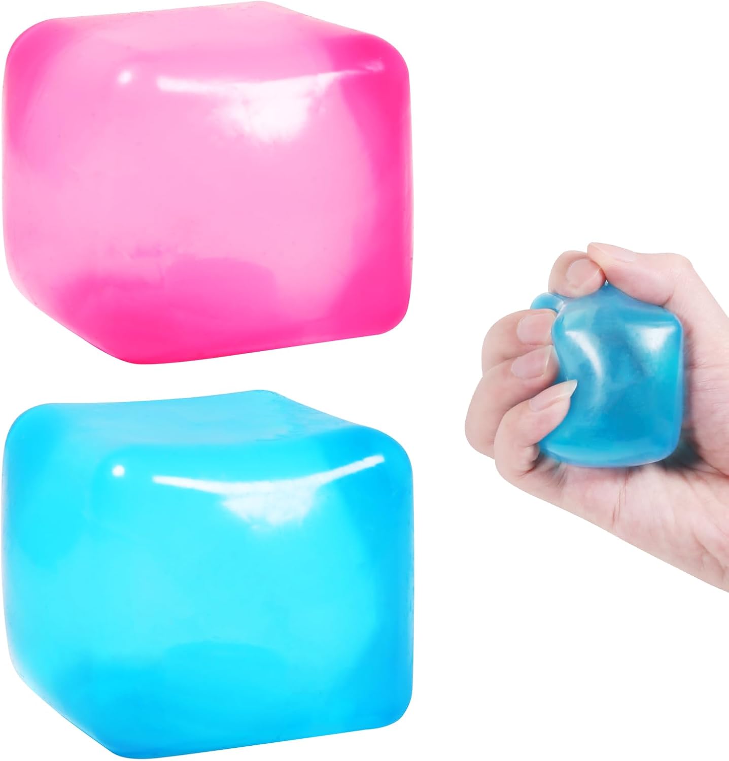 3pack Stress Cube Squishy Stress Balls for Adults Kids Fidget Toy for Your Best Mellow and Chill -Ice Cubes-Square Shape with Filling in Pink Purple Blue (3pcs Cube )