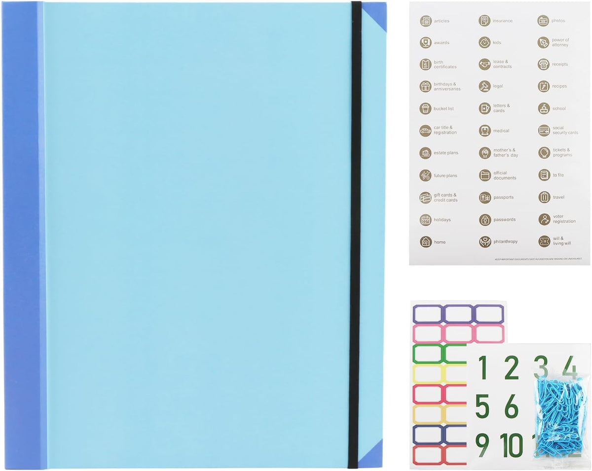 Important Document Organizer, A4 Portfolio Binder Folder with Labels, Blue