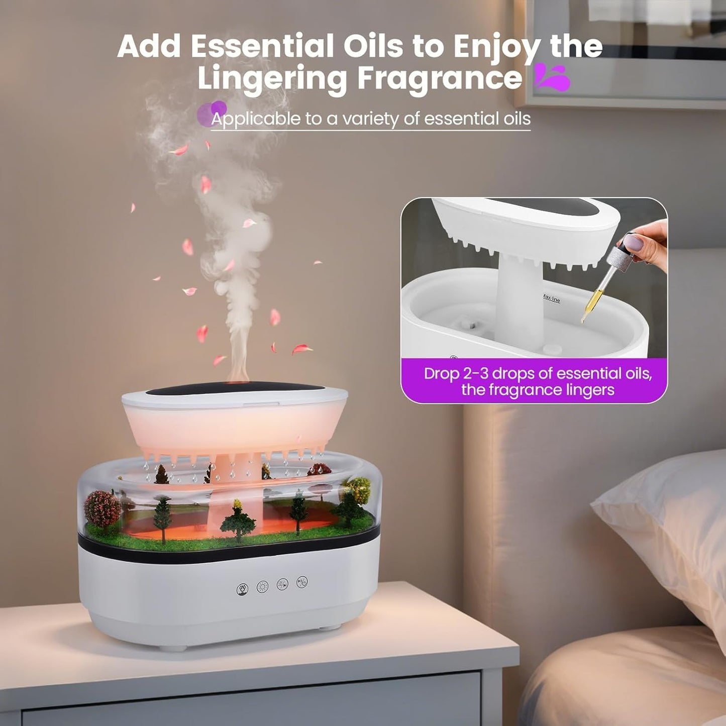 Raindrop Humidifier Diffuser, 250ml Raindrop Aroma Diffuser, LED Mood Light, Auto Off, Micro Landscape Natural Raindrop Cool Mist Humidifier for Bedroom/Yoga/Meditation(White)