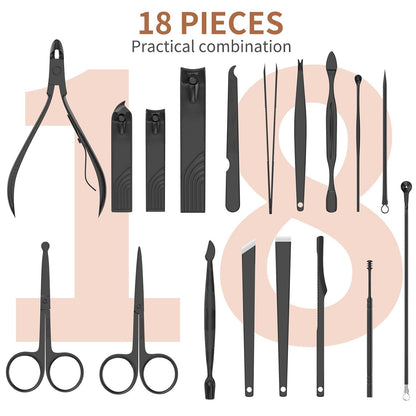 ZIZZON Nail Clippers Manicure Pedicure Set 18 in 1 Nail Grooming Kit with Leather Travel Case(Black/Pink)