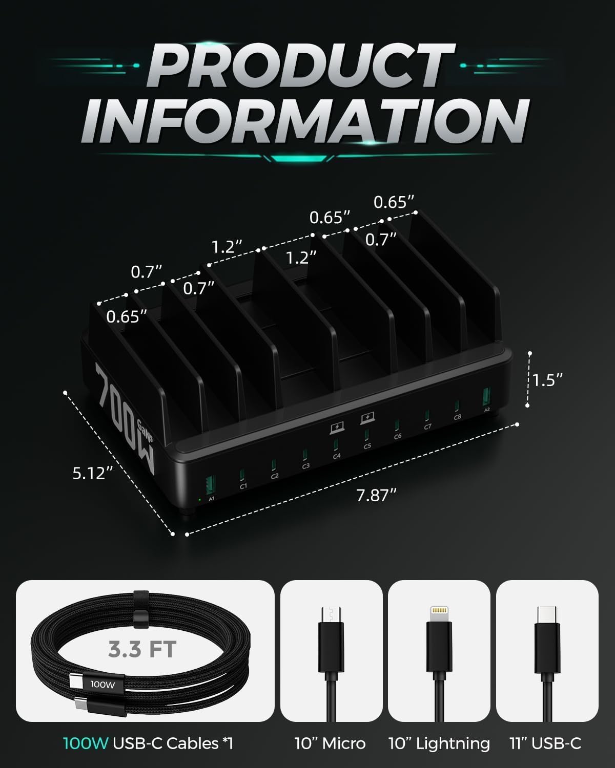 700W 10-in-1 GaN 5 Fast Charger Dock Multi Device Charging Station