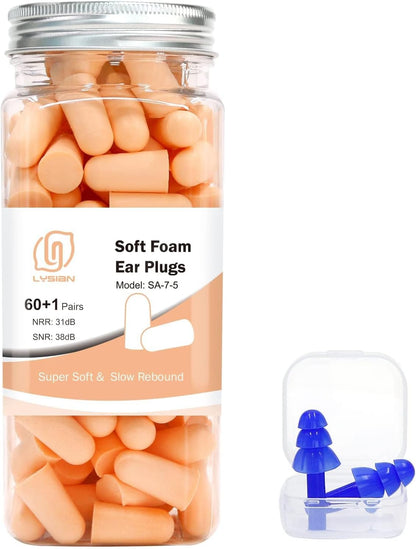 LYSIAN Ultra Soft Foam Earplugs for Sleeping, 38dB SNR Noise Reduction Ear Plugs for Snoring, Shooting, Study, Work and Travel, 60 Pairs, Purple