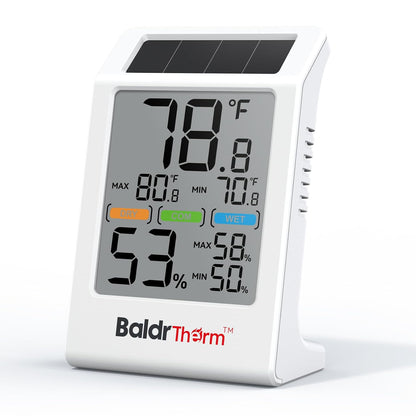 BaldrTherm Room Thermometer Indoor Humidity Meter Solar Powered with Max/Min Memory & Comfort Indicator - 3.2" Large Display for Home, White