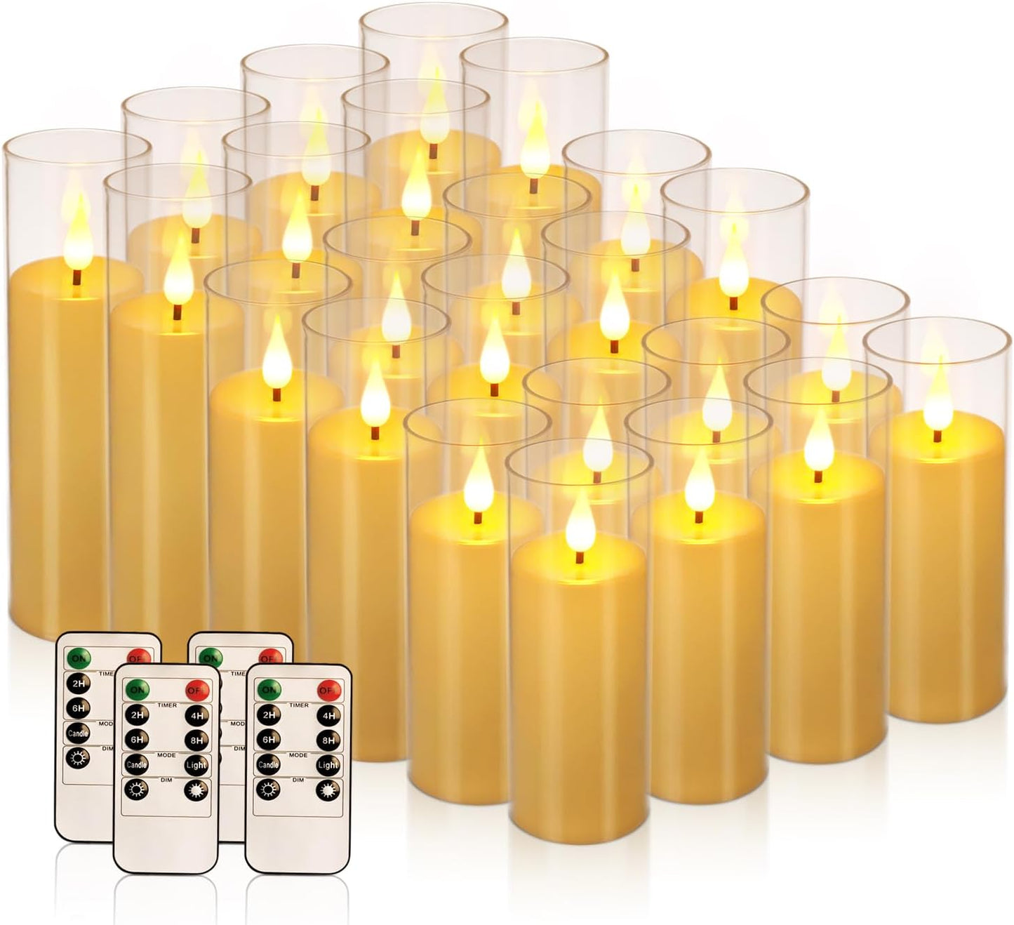 24 Pcs LED Flameless Candles with Remote, 3D Flickering Flame & LED String Lights, Acrylic Clear Cylinder, Timer Function, Romantic Ambience for Home Decor, Party, Wedding (Ivory).