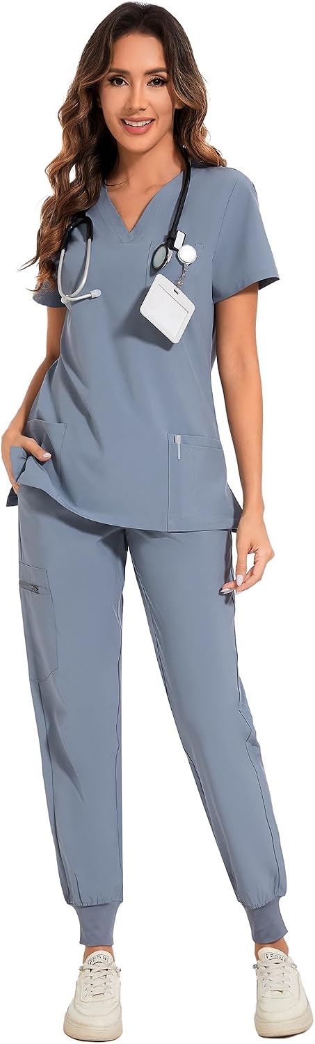 COZYFIT Scrubs for Women Set - Stretch V-Neck Scrub Top & Jogger Pant with 8 Pockets COZY SCRUBS - Colors E