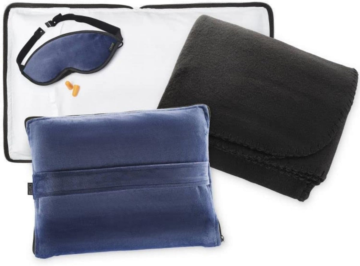 Lewis N. Clark Ultimate Comfort Set + Portable Travel Kit for Airplane, Includes Inflatable Pillow + Zippered Carrying Case, Cozy Fleece Blanket, Eye Mask for Sleeping & Foam Ear Plugs, Black