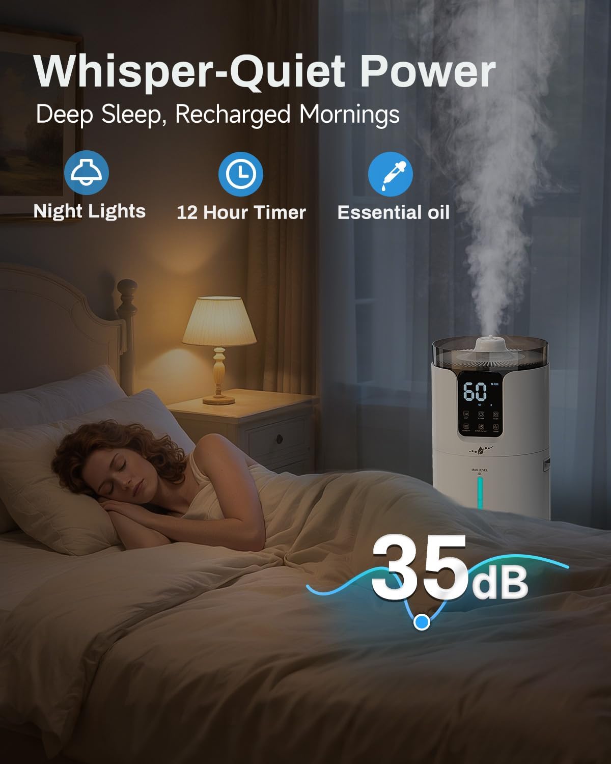 LACIDOLL 16L Cool Mist Tower Humidifier for 1500 sq.ft Large Room | Top fill cool mist, 360° nozzles, night light, quiet, adjustable humidity, perfect for home, greenhouse, office with remote