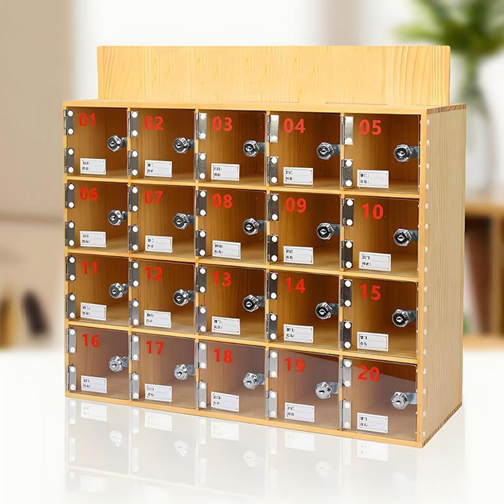 Cell Phone Charging Stations Wooden Mobile Phone Storage Boxes, Multiple Cells Mobile Phone Management Storage Cabinet, Wall Mounted Box with Door Locks -Keys, Save Space, Cla(Naturalb-15Slots)