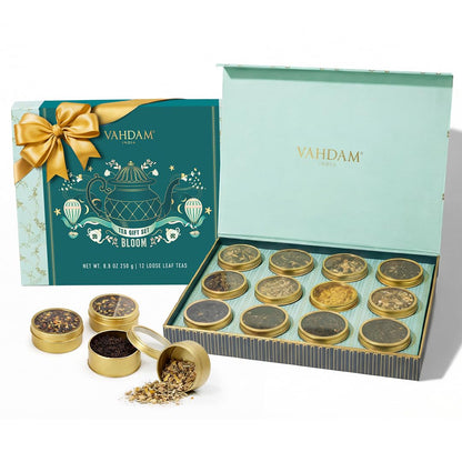 VAHDAM Tea Gift Set - 12 Loose Leaf Teas in Tin Caddy Presentation Box | Premium Tea Sampler Gift Hamper for Women, Men & Tea Lovers | Christmas Gift, Birthday, Housewarming | Gluten Free, Non-GMO