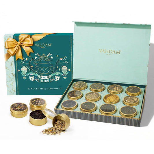 VAHDAM Tea Gift Set - 12 Loose Leaf Teas in Tin Caddy Presentation Box | Premium Tea Sampler Gift Hamper for Women, Men & Tea Lovers | Christmas Gift, Birthday, Housewarming | Gluten Free, Non-GMO