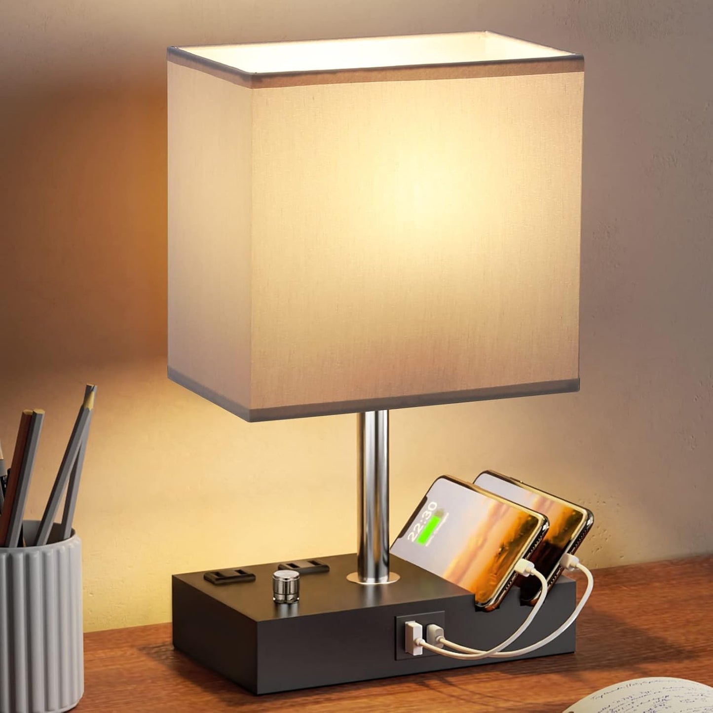 Kakanuo Fully Dimmable Nightstand Lamp for Bedroom with USB C Ports, Grey Small Bedside Table Lamp with Charging Outlets and Phone Stands, Wooden Desk Lamp for Living Room, LED Bulb Included