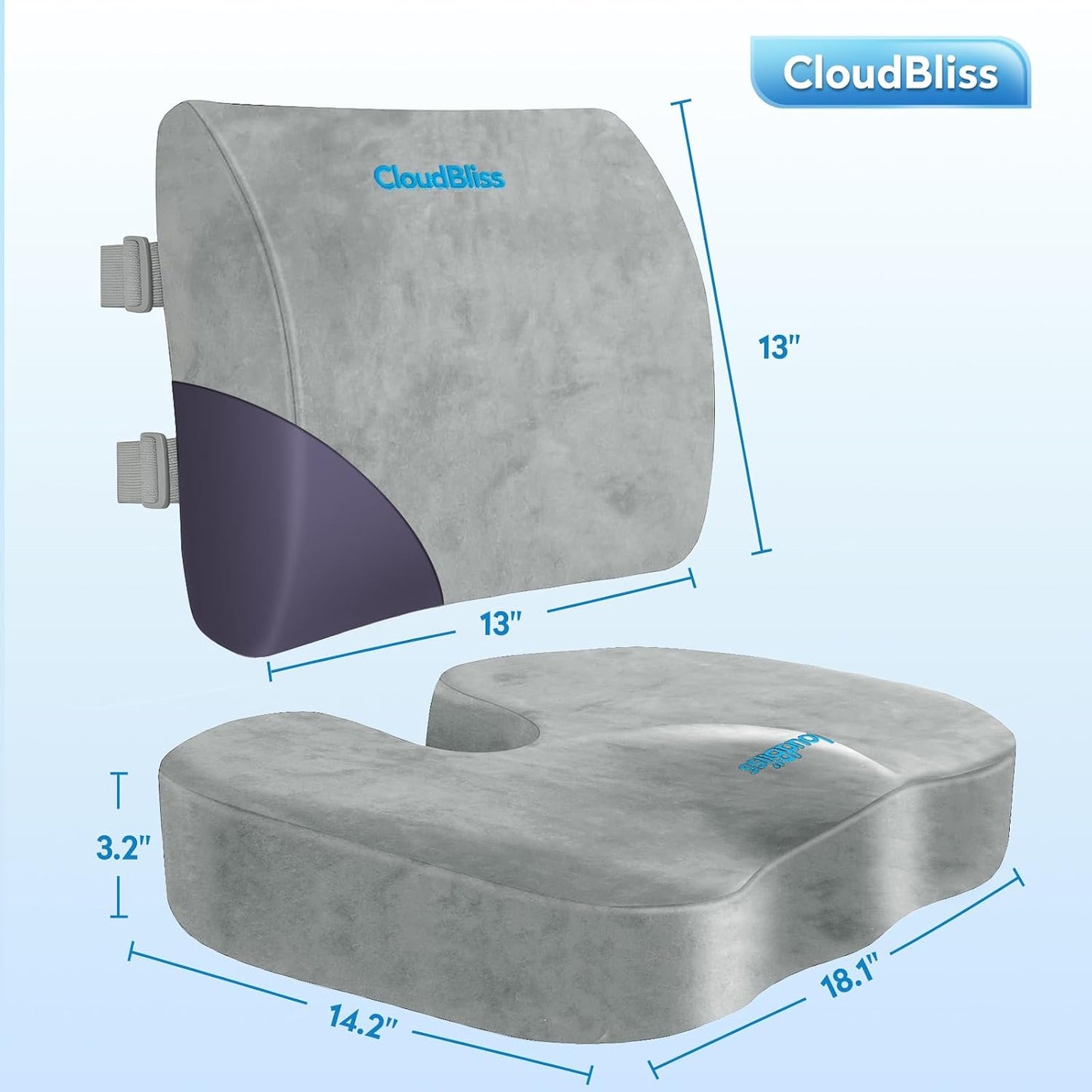 CloudBliss Lumbar Support Pillow & Seat Cushion Set for Office Chair, Desk Chair, Wheelchair & Car – Memory Foam Back Support, Ergonomic Chair Cushions, Sciatica Pain Relief, Home Essentials, Black