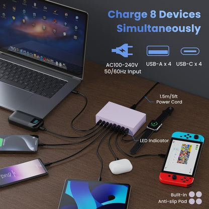 120W USB C Charger Block with 2 Built-in Retractable Cables,4-in-1 GaN IV Foldable Plug Wall Charger Fast Charging Station,PD 65W Laptop Adapter for MacBook/iPad,iPhone 17/16/15/14,Galaxy,Android etc