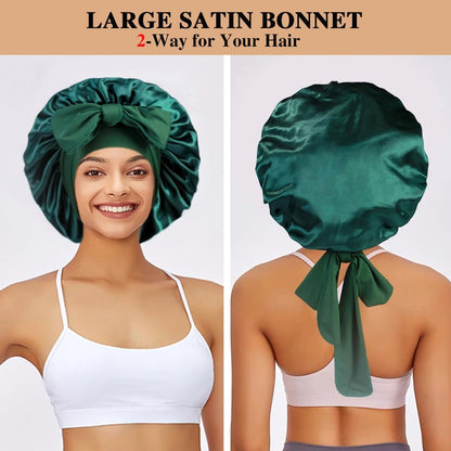2+3 Large Satin Bonnets with Scrunchies for Women, Hair Bonnet Sleeping Tie Bonnet for Braids Curly Hair