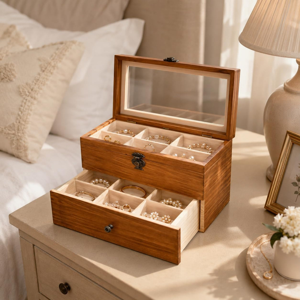 WELLAND Wood Tea Bag Organizer, Storage Box with Clear Acrylic Window, 2-layer 14 Compartments Large Capacity Tea Bag Holders, Gift Idea
