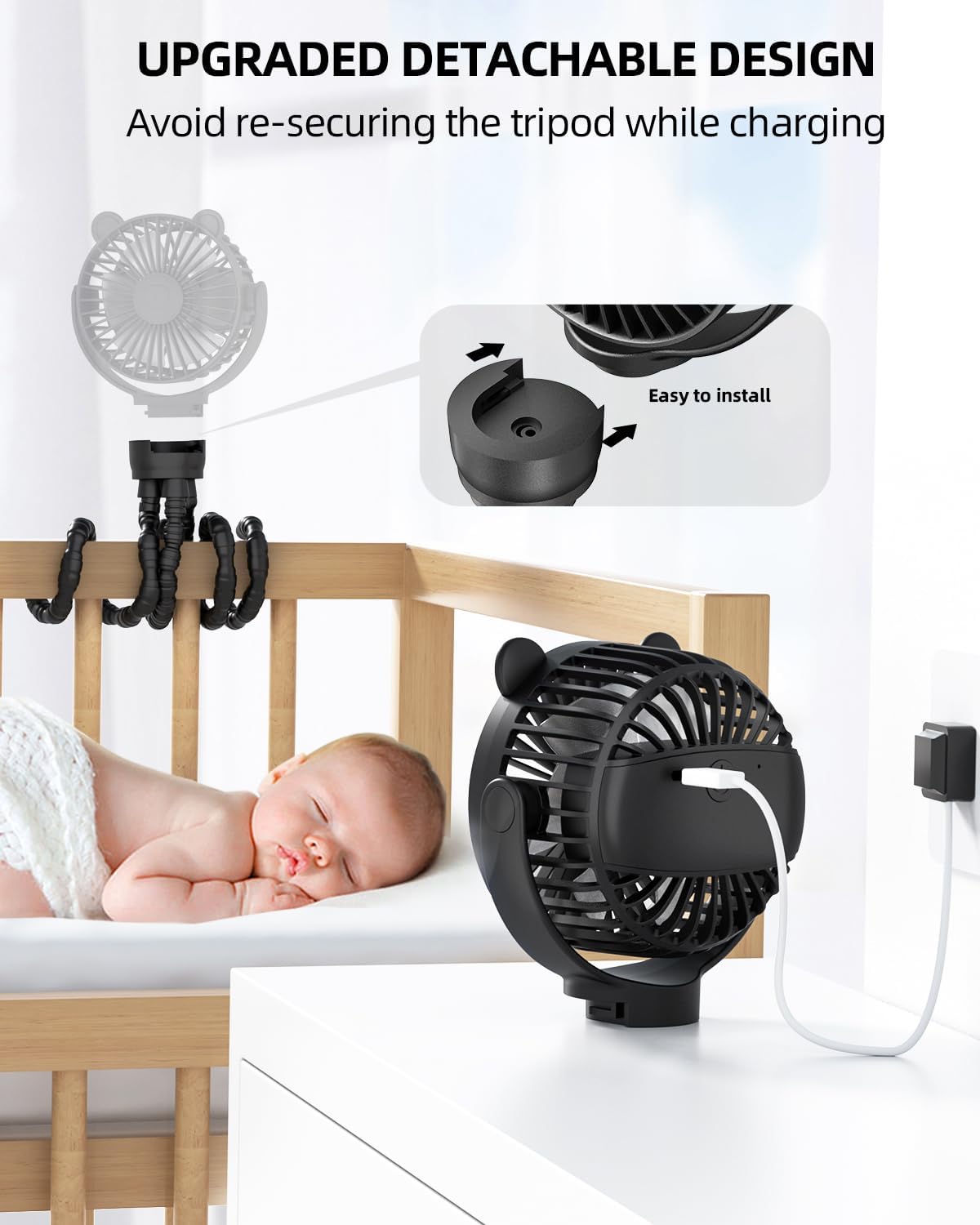 Portable Stroller Mini Fan, Small Rechargeable Personal Fan, Baby Travel Essentials for Wagon, Car Seat, Treadmill, Battery Powered Biking Gear Accessories, 360° Rotation, 3-Speed, Display, Black
