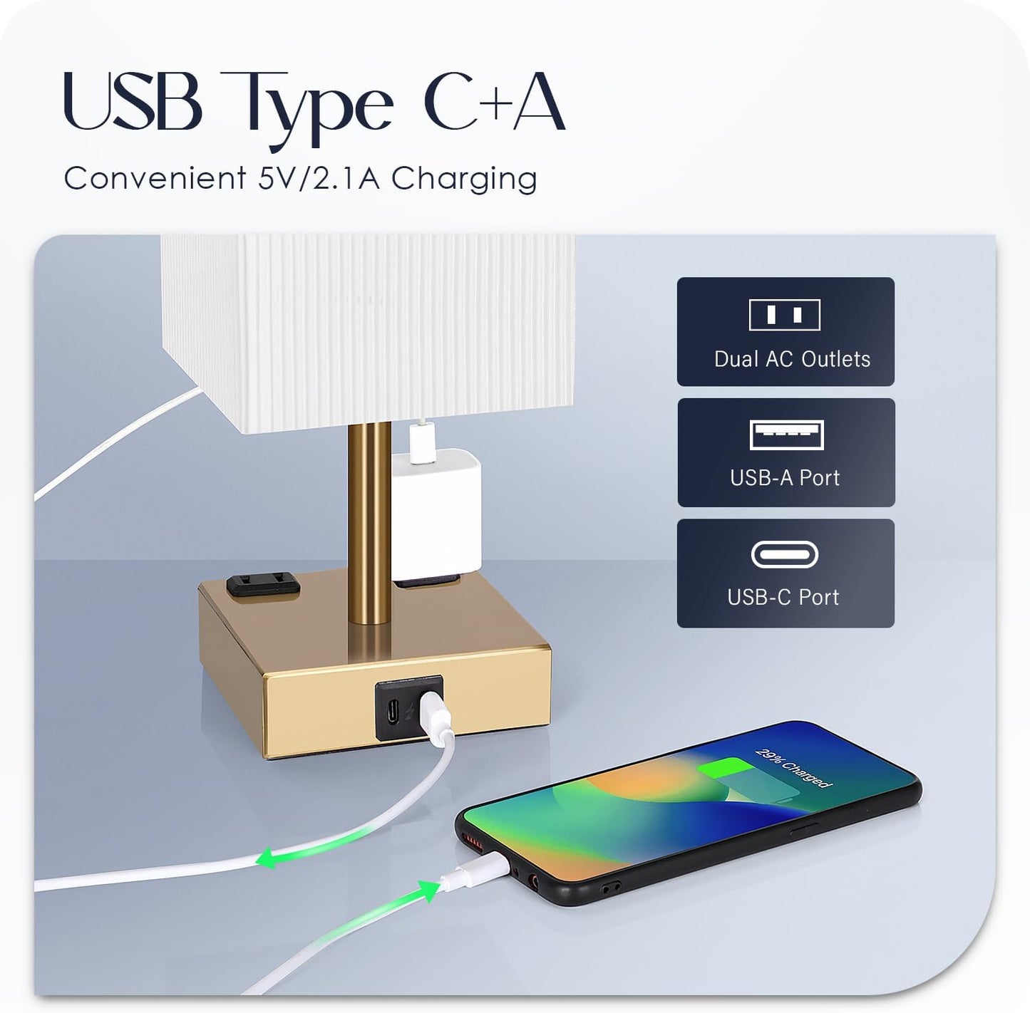 Bedside Table Lamp for Bedroom - Touch Small Lamp with USB C+A Charging Ports & AC Outlets, 3 Way Dimmable Nightstand Light for Living Room (LED Bulb Included, Grey)