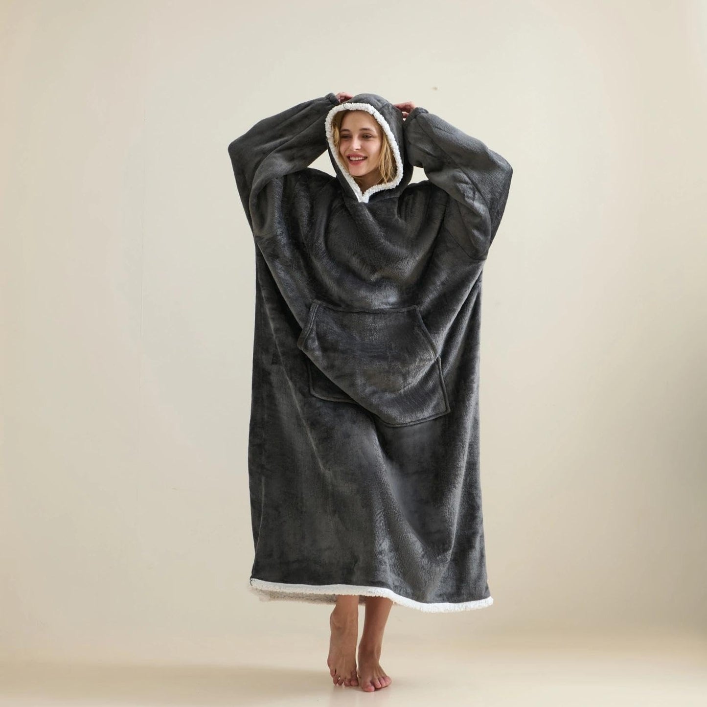 Wearable Blanket Sweatshirt Gifts for Women and Men, Warm and Cozy Giant Blanket Hoodie, Thick Flannel Blankets with Sleeves and Giant Pocket - Light Grey