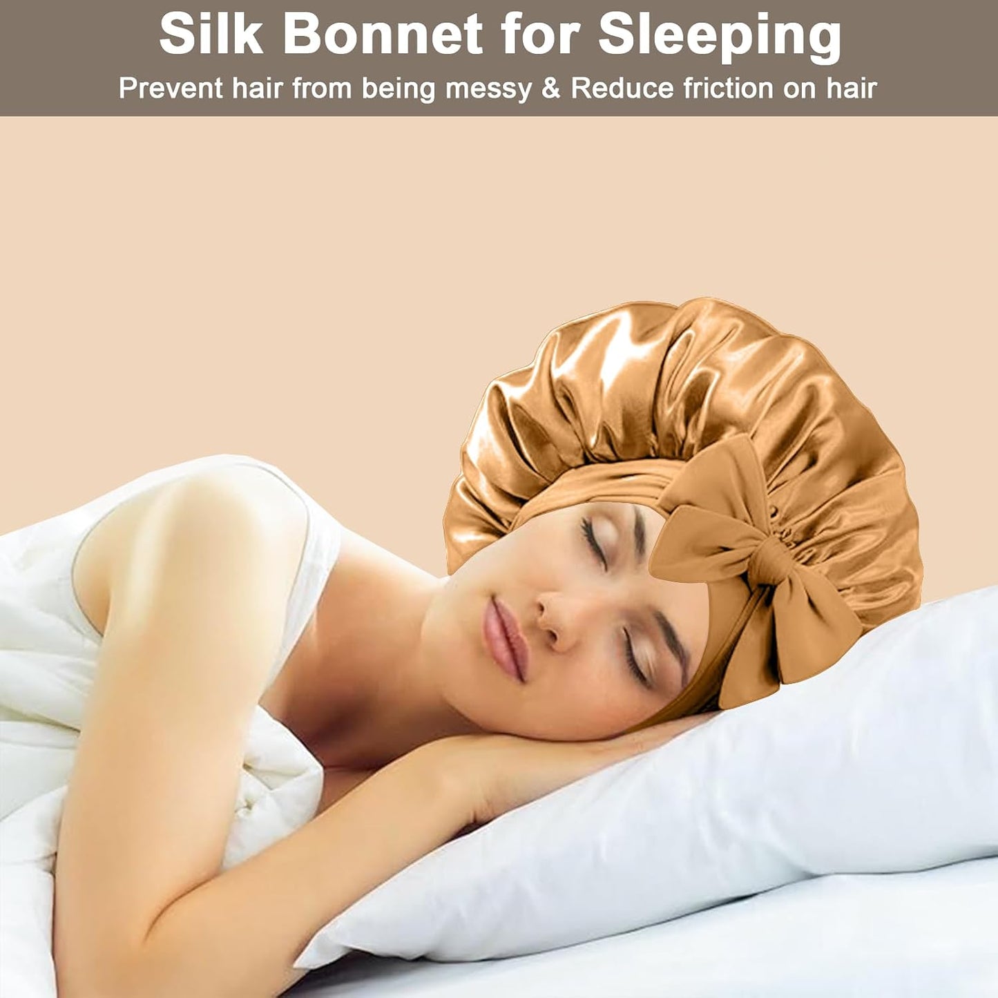 2Pcs Silk Hair Satin Bonnet for Sleeping Women,Large Satin Sleep Bonnets for Women with Elastic Tie Band Silk Hair Wrap with Ajustable Straps,Night Sleep Cap for Curly Braids,Black+Rose Gold