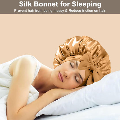 2Pcs Silk Hair Satin Bonnet for Sleeping Women,Large Satin Sleep Bonnets for Women with Elastic Tie Band Silk Hair Wrap with Ajustable Straps,Night Sleep Cap for Curly Braids,Black+Rose Gold