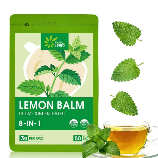 EnrychLeafo Lemon Balm Leaves Tea for Relaxation & Sleep Support, 8-in-1 Calming Herbal Blend with Chamomile & Passionflower, Caffeine Free, 50 Tea Bags