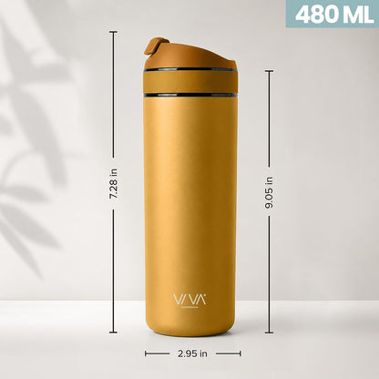 VIVA Recharge Tea Infuser Bottle, 16 oz Insulated Stainless Steel Travel Tea Tumbler with Infuser for Loose Leaf, Hot & Cold Tea & Coffee, Patented Steep Control, Leak-Resistant Lid - Mustard