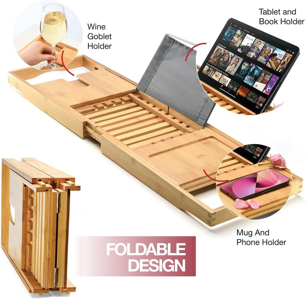 Luxury Foldable Bathtub Tray Caddy - Waterproof Wood Bath Tray for Tub, Expandable Size Fits Most Tubs, Bathroom Accessories for New Home & Mothers, Birthday Gifts for Mom