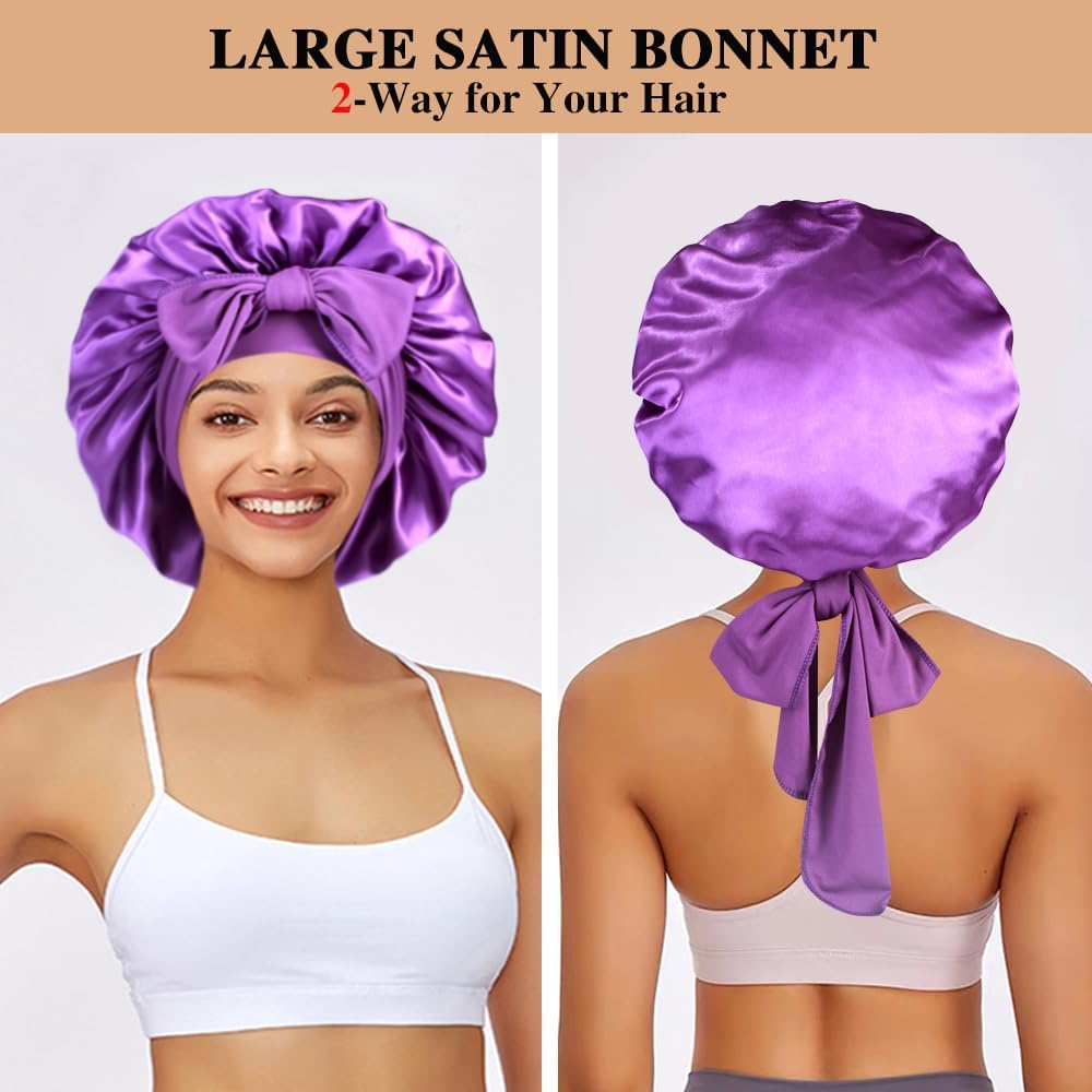 2+3 Large Satin Bonnets with Scrunchies for Women, Hair Bonnet Sleeping Tie Bonnet for Braids Curly Hair