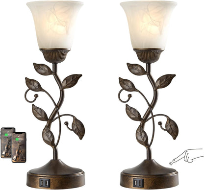 Touch Control Table Lamp with 2 USB Charging Ports, 3-Way Dimmable Bedside Nightstand Lamps, Amber Glass Shade Vintage Rural Leaf Lamp for Living Room, Bedroom, Dresser, LED Bulb Included (Bronze)